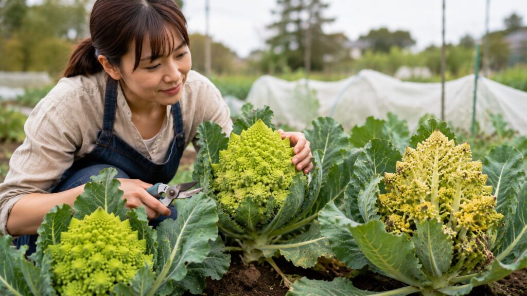 ロマネスコの収穫時期を見分ける花蕾の大きさと状態