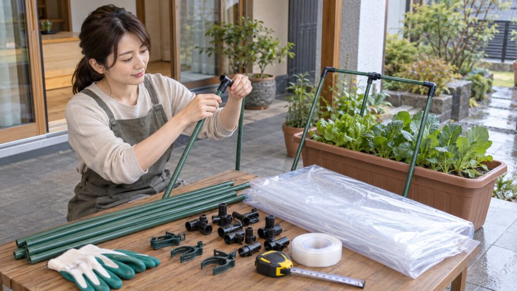 プランター用の簡易雨よけフレームに必要な材料と道具
