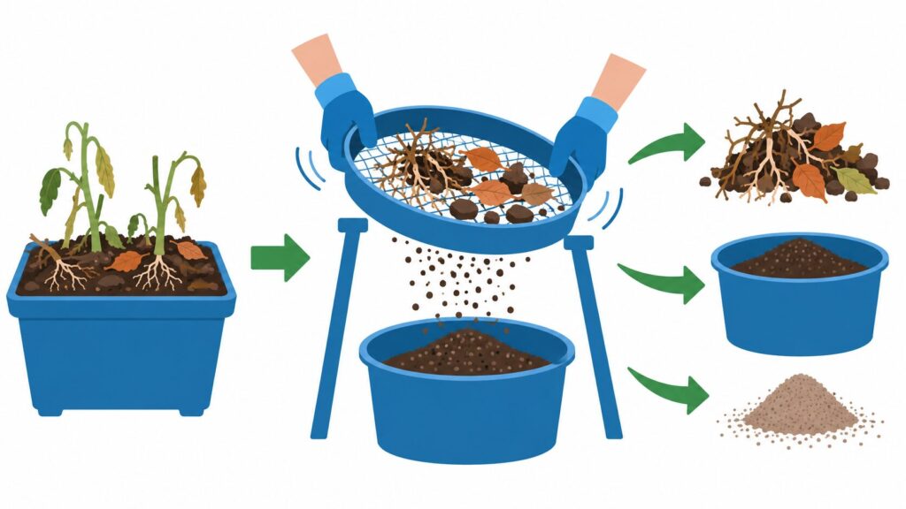 細かすぎる微塵を分けて水はけと通気性を整えやすくする