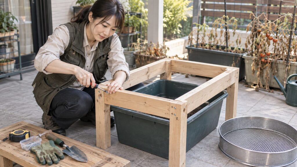 家庭菜園で使える土ふるい台DIYの作り方