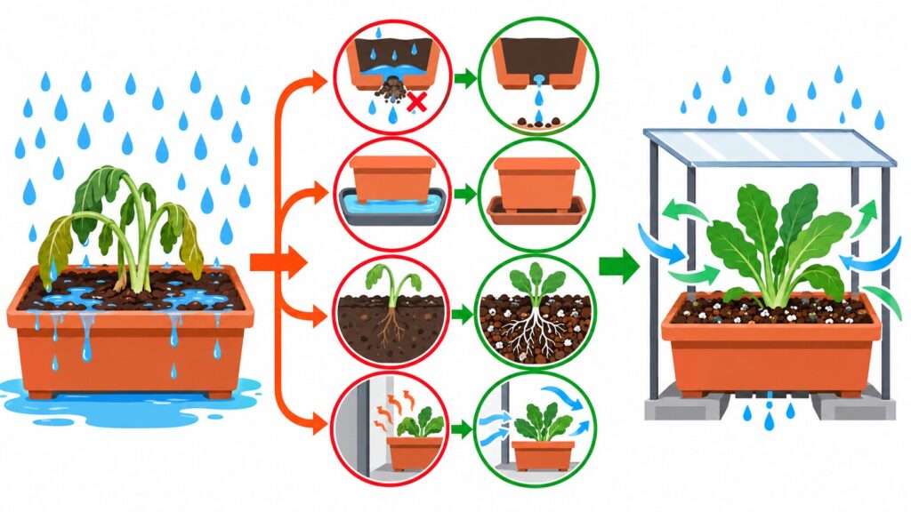 雨よけを付ける前にプランターの排水穴と土の水はけを確認する