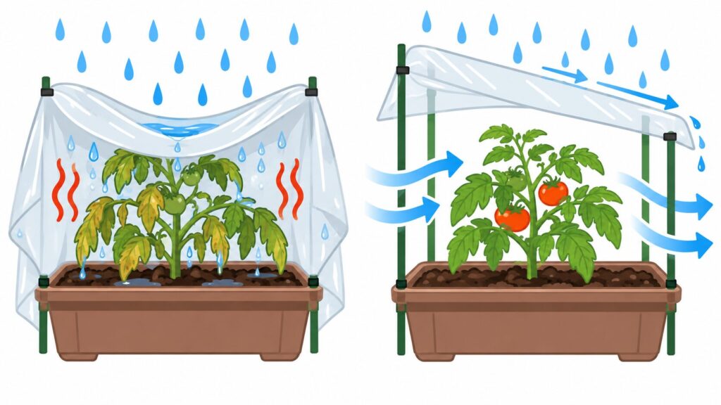 雨よけシートは側面を覆いすぎず風の通り道を確保する