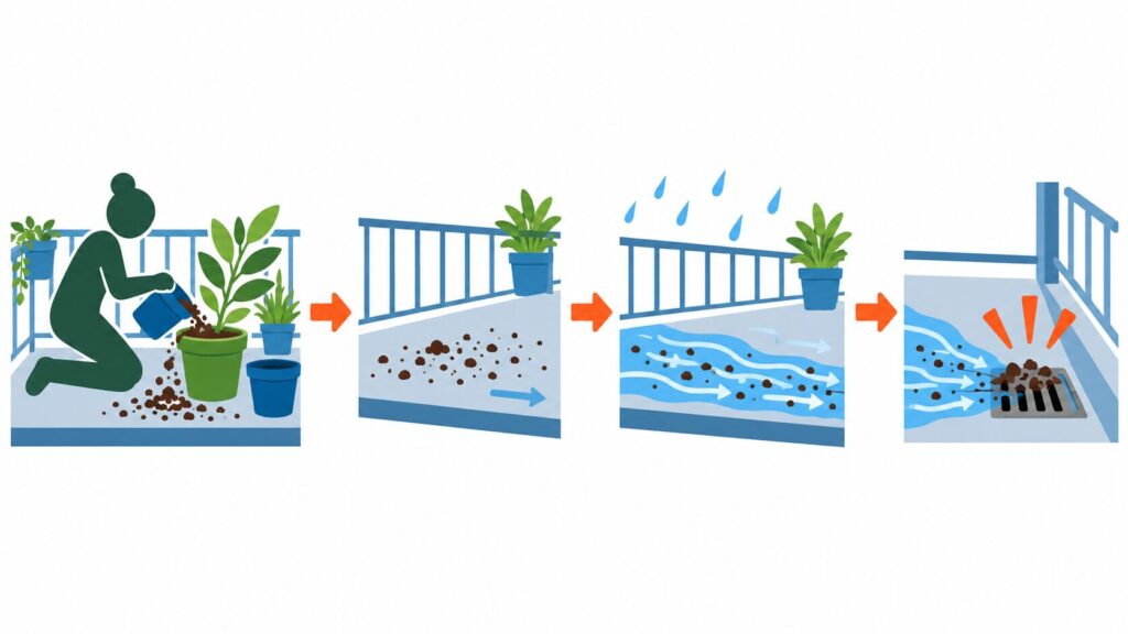 こぼれた土は水や雨によって排水口側へ移動することがある