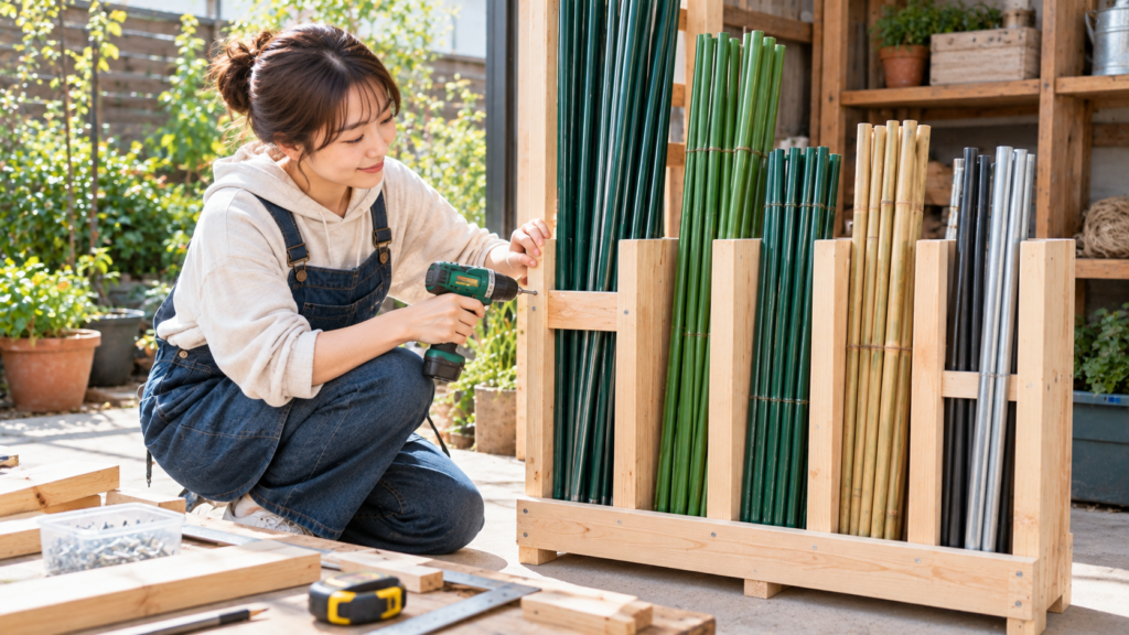 園芸支柱の収納ラックの作り方と長さ別に整理できる仕切りの工夫