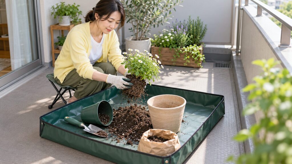 植え替えと土替えで土をこぼしにくくする作業トレーの使い方