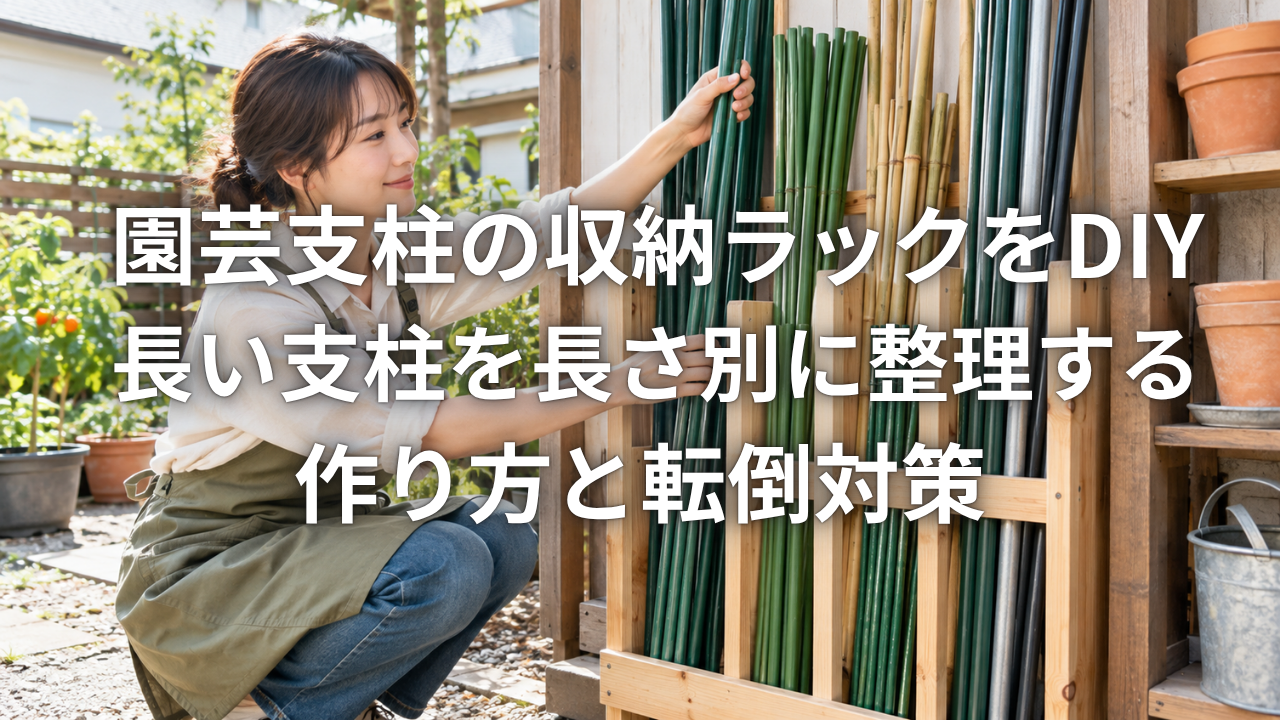 園芸支柱の収納ラックをDIY 長い支柱を長さ別に整理する作り方と転倒対策